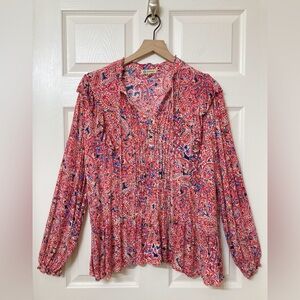 Democracy Women’s Red Paisley Floral Long Sleeve Rayon Blouse XL Southwestern